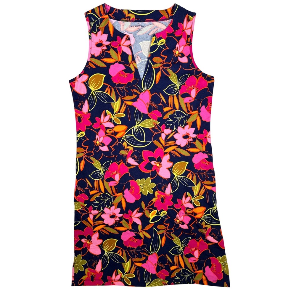 Lands End Womens Boho Floral Split Neck Sleeveless Shift Dress Pink S 6-8 Beach